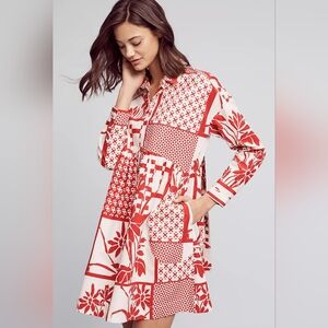 Anthropologie - Maeve Printmaker Poplin Shirtdress Red & White Size Small
